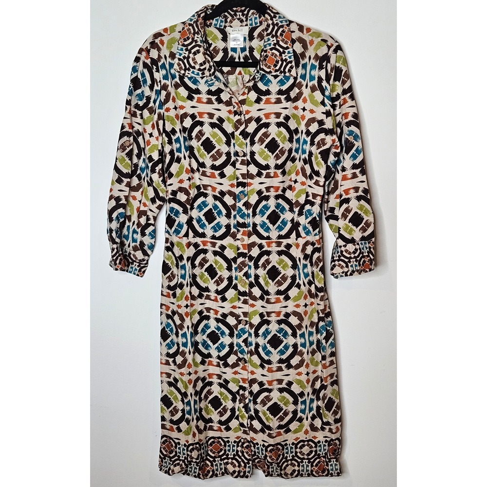 Kate Hill‎ 100% Linen Multicolor Abstract Career Midi Dress Women 16 Fall Earthy